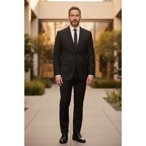 Ralph Lauren Mens Black 2 Button Wool Blend Suit 42L Pleated Cuffed Hem 36x30